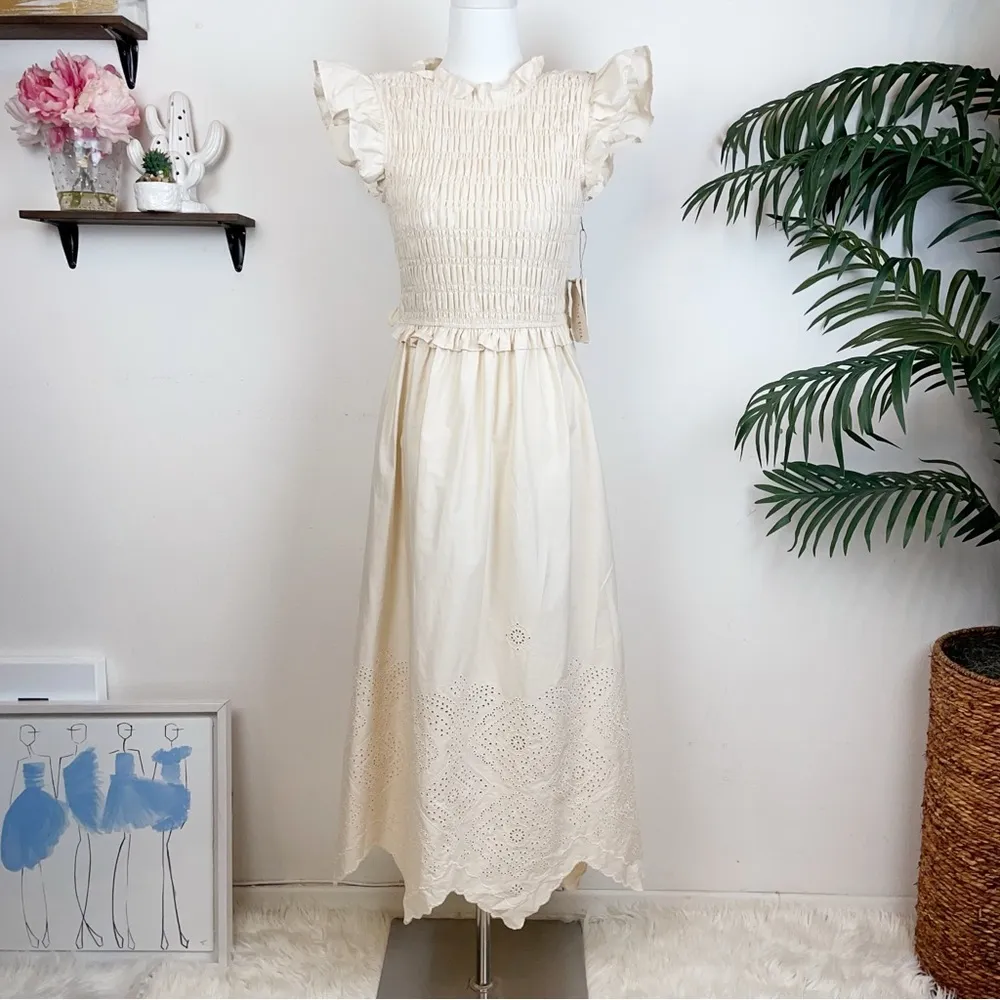 Moon River Ruffled Smocked Eyelet Midi Dress in Cream - Image 4
