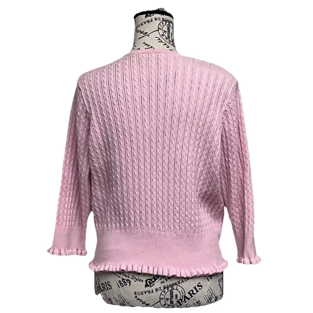 Jeanne Pierre Pink Cotton Ruffle Trim Cardigan Sweater Coquette Y2K Cottage PL - Image 5