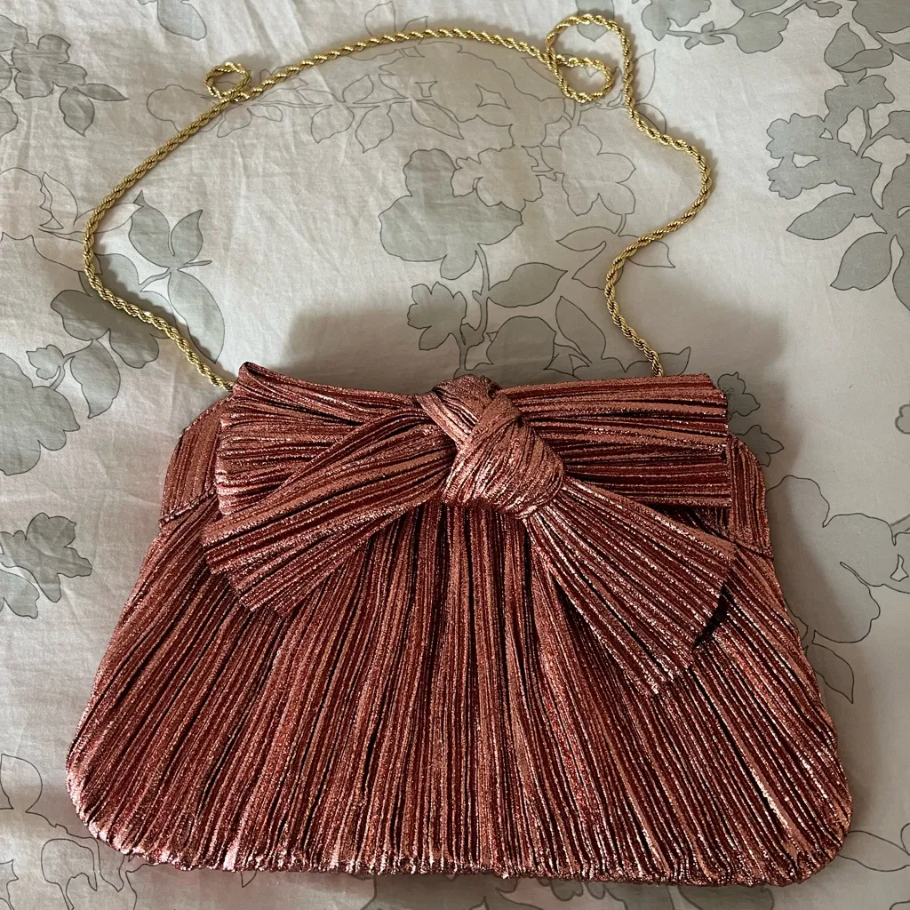 NWOT Loeffler Randall Rayne Small Pleated Bow Frame Clutch in Metallic Pink - Image 5