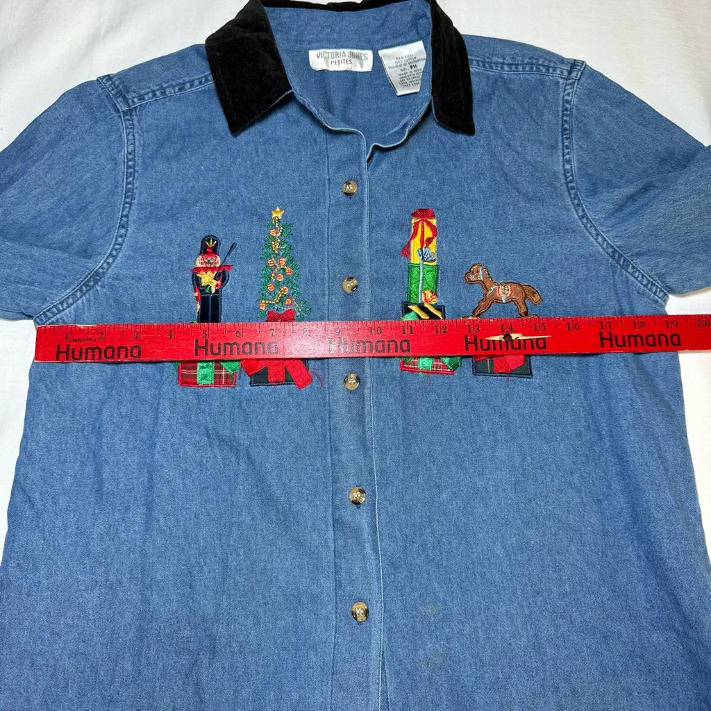 Victoria Jones Women Denim Top Size PM Christmas Toy Soldier Embroidered Velvet Blue - Image 8