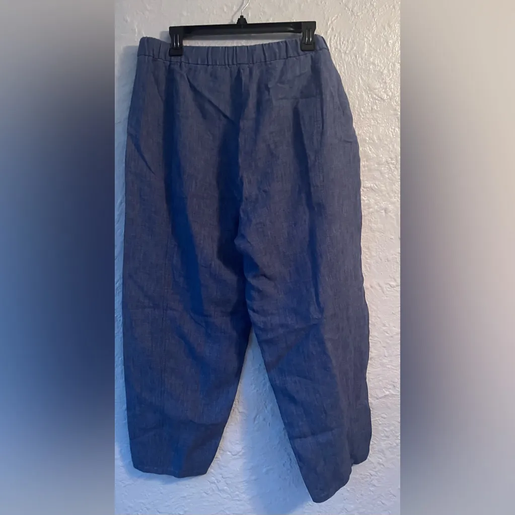 Eileen Fisher Linen Pants L Blue Chambray Pull On Elastic Wide Leg Lagenlook - Image 4