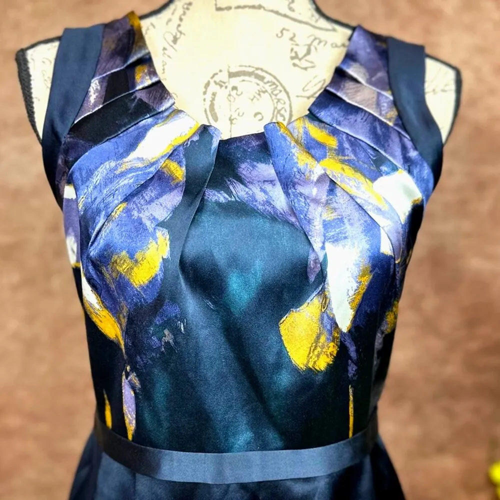 Elie Tahari Julie Fan Front 95% Silk Navy Multi Bodice Dress 6 - Image 8