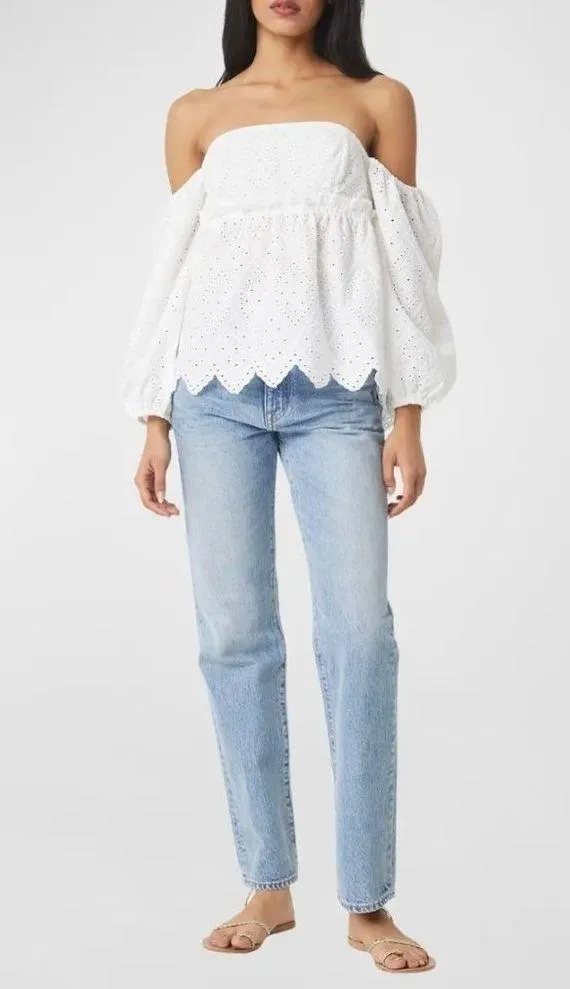 MISA Los Angeles Sera Off The Shoulder Scalloped Eyelet Top White Womens Size M - Image 6