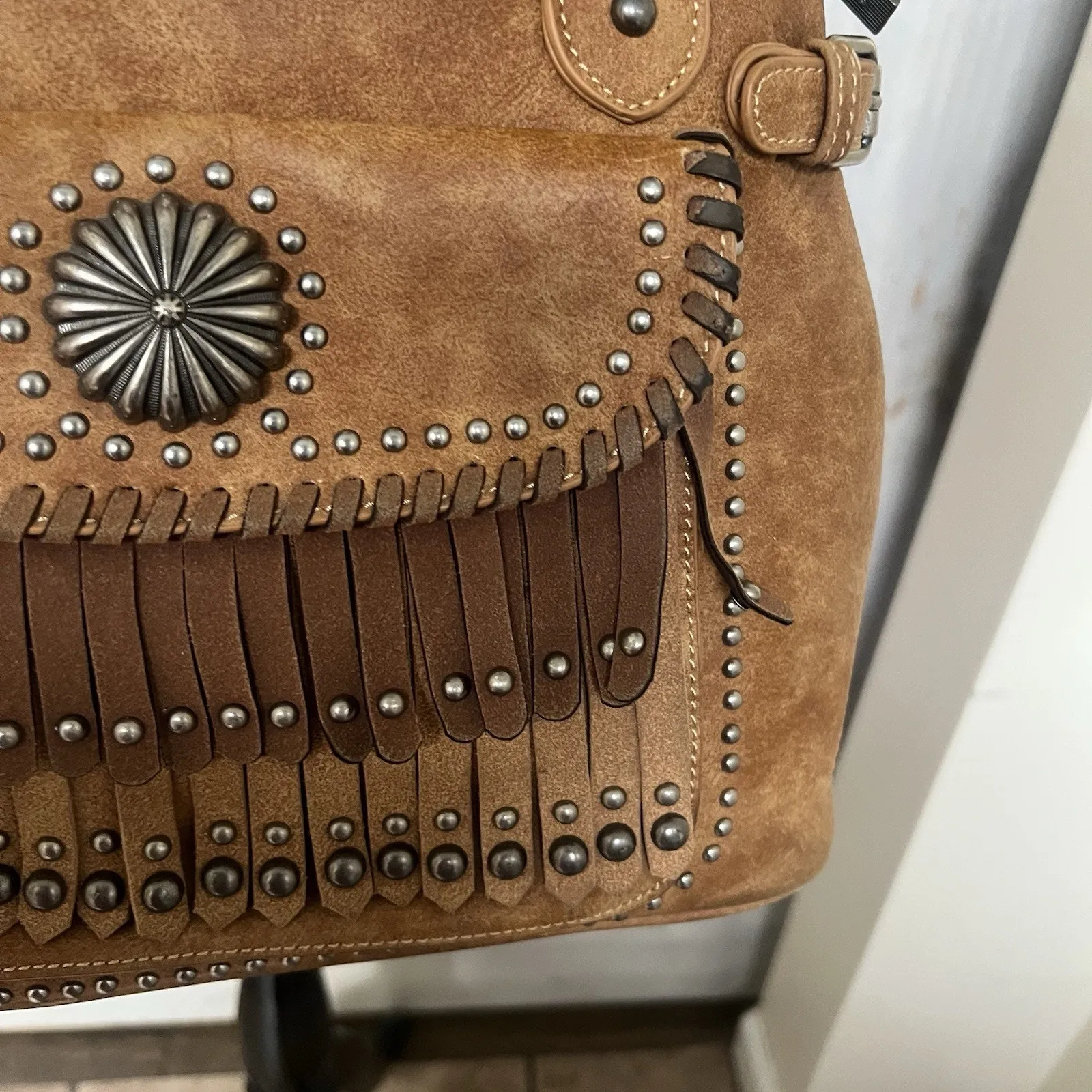 Montana West Western Boho Fringe Hand Bag Faux Leather Tan Choncho Medallion - Image 3