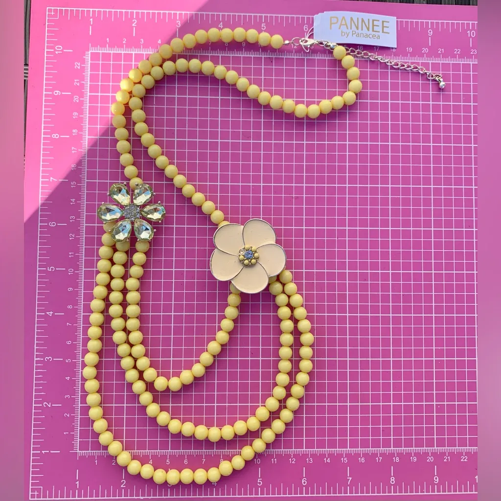 PANNEE by Panacea Elegant yellow Beads Necklace beige crystal flower 3 layer 34” - Image 7