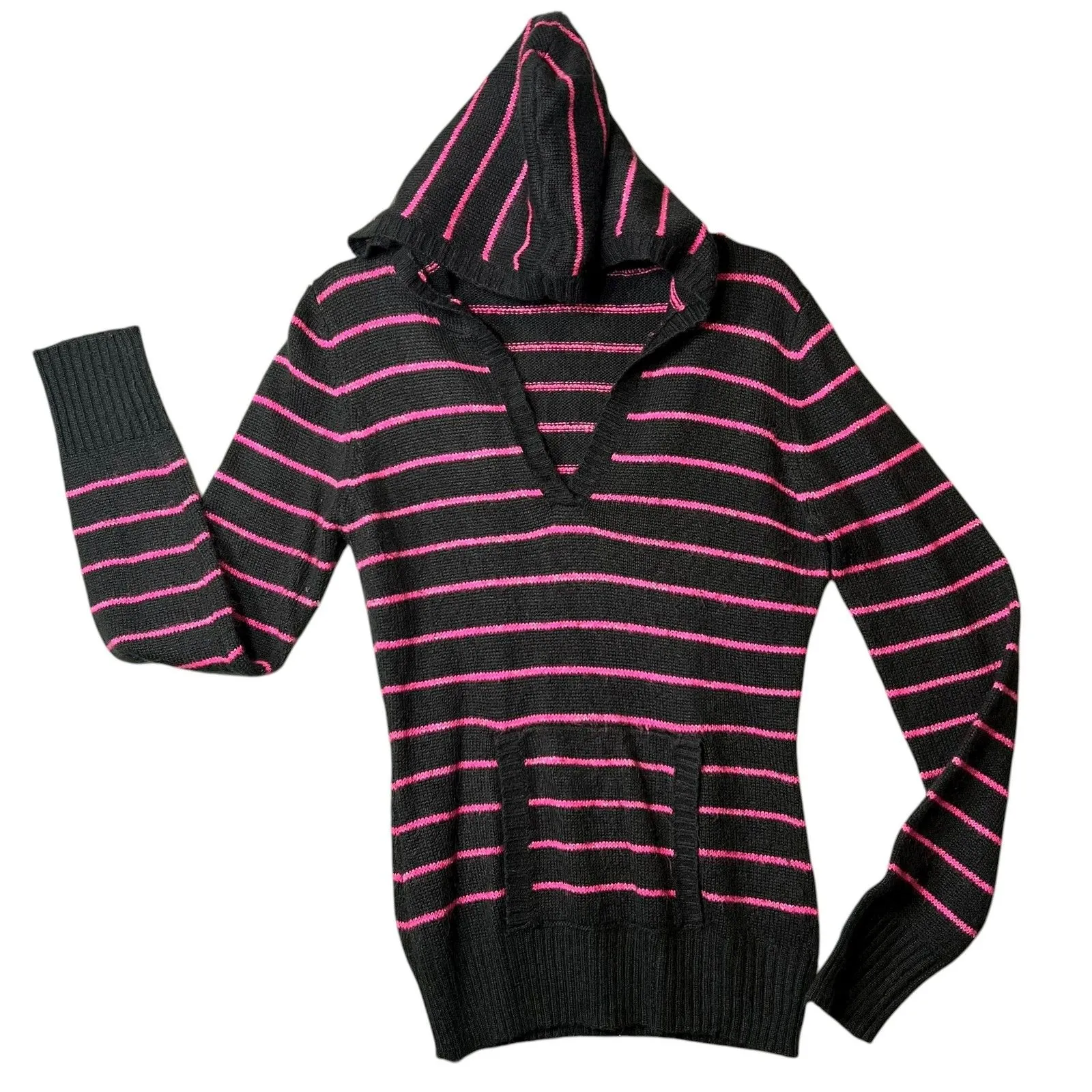 Hooded Sweater Womens Large Black Pink Striped Knit V Neck Kangaroo Pocket Soft - Image 2