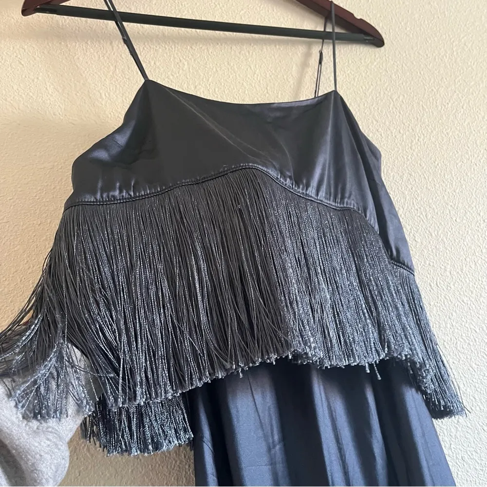 Cinq à Sept Eastwood Fringe Silk-Satin Midi Dress Square Neck Navy Blue Size 2 - Image 10