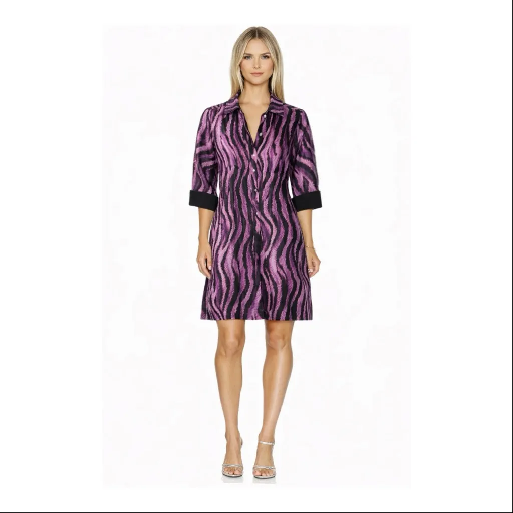 NWT Revolve x Perlavera Purple & Black Clara Zebra-Print Button Down Shirt Dress - Image 7