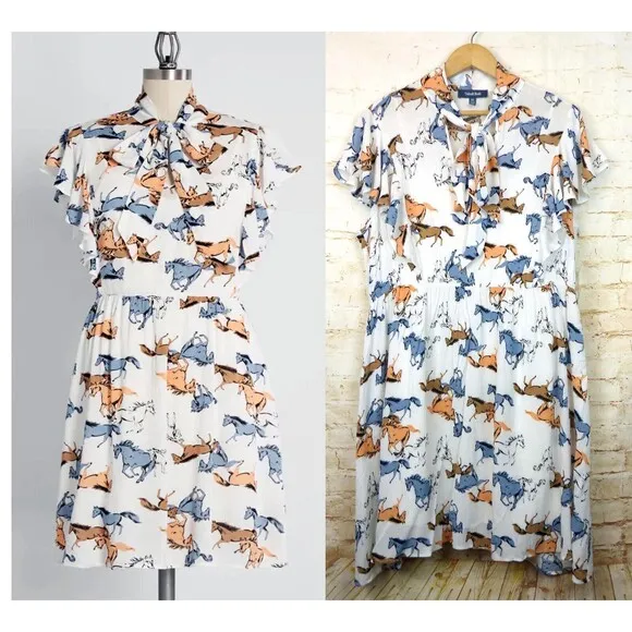 Modcloth Horse Print Dress 2X White Neck Tie Flutter Sleeve Downhome Darling NWT - Image 2