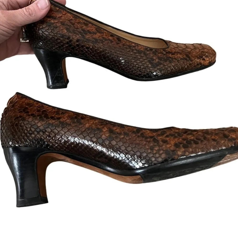 Italian Snakeskin Leather Block Heel‎ Pumps Square Toe Brown 38N Taryn Rose - Image 4
