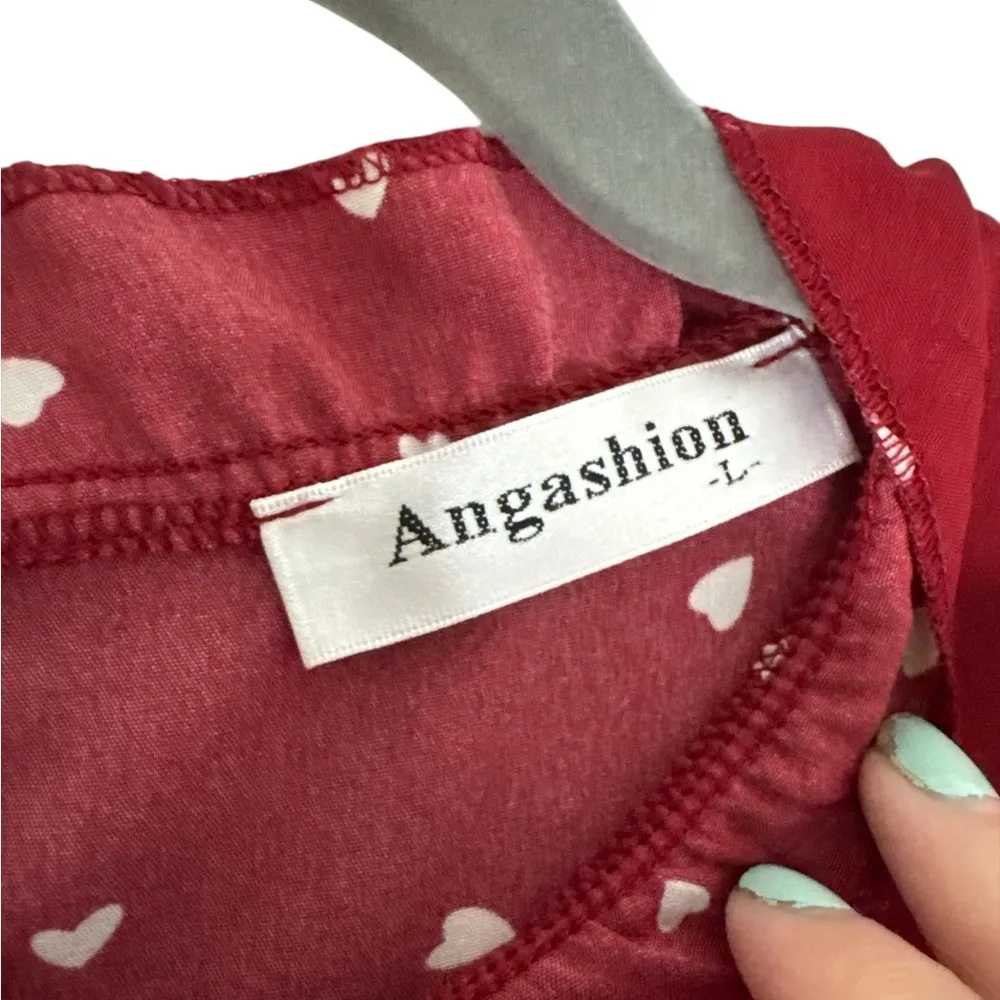 Women’s Casual Heart Print Cap Sleeve Ruffle Neck Loose Babydoll Shirt - Image 2