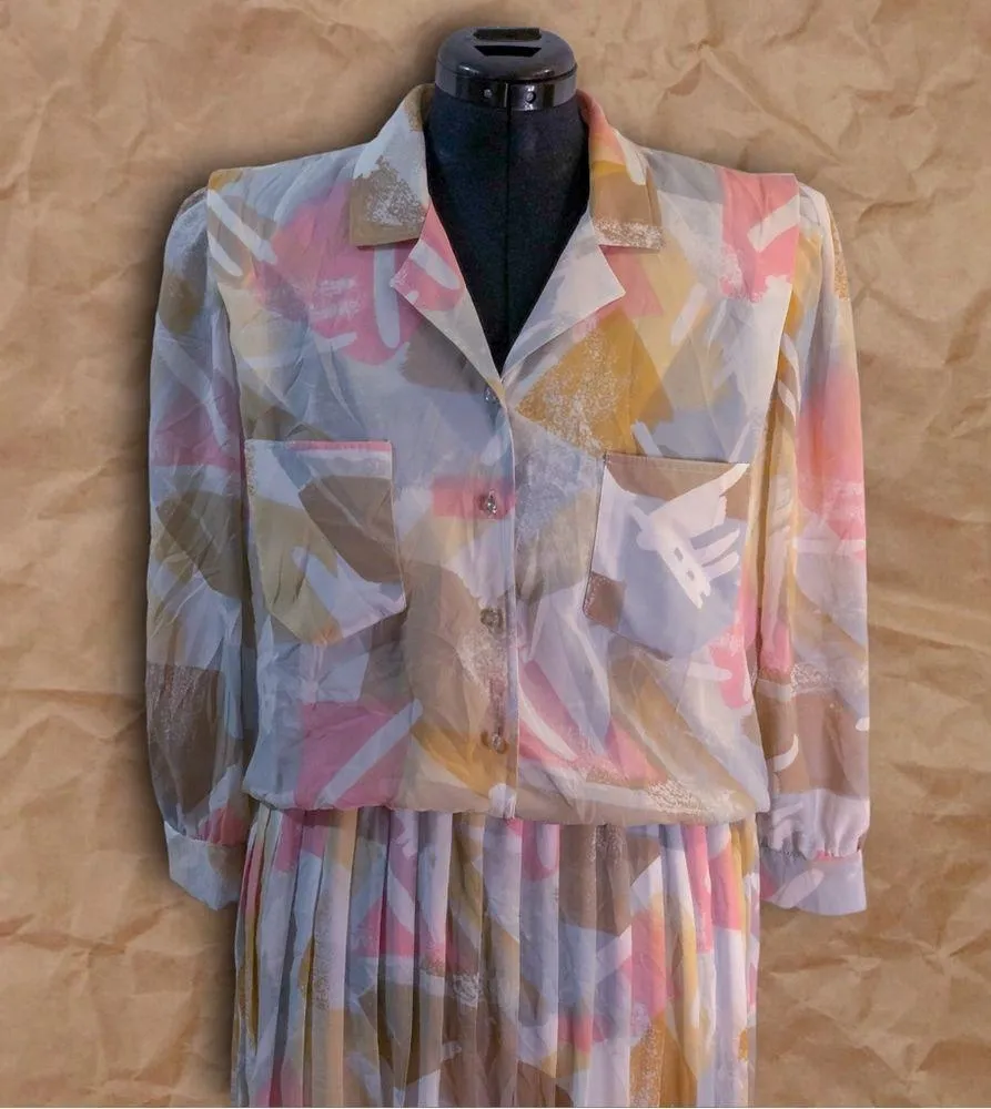 Vintage Leslie Fay White Pink Multicolor Abstract Print Collared Midi Dress - Image 2