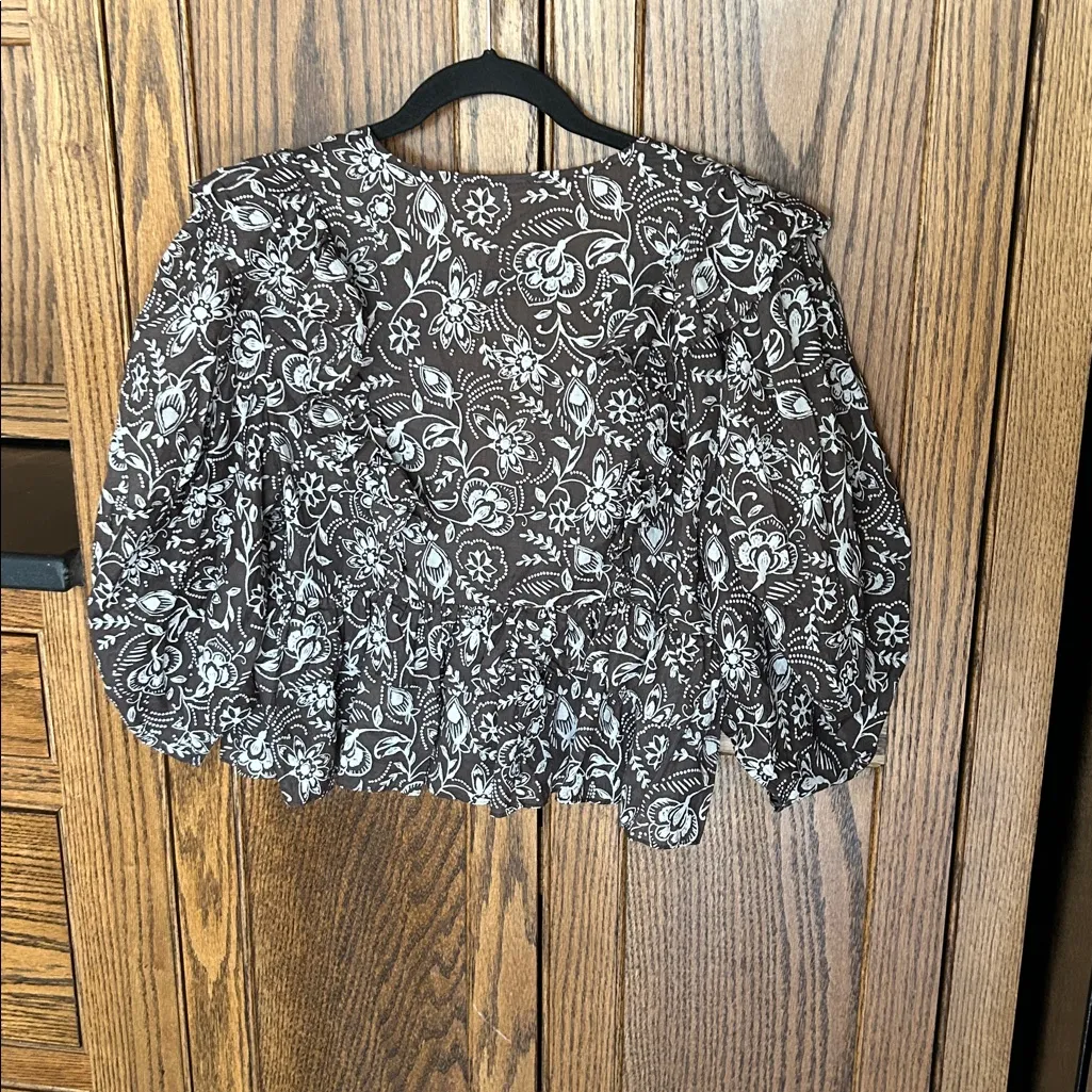 Olivaceous Floral Ruffle Crop Top‎ Dainty Shirt Chocolate Brown Holiday Large - Image 7