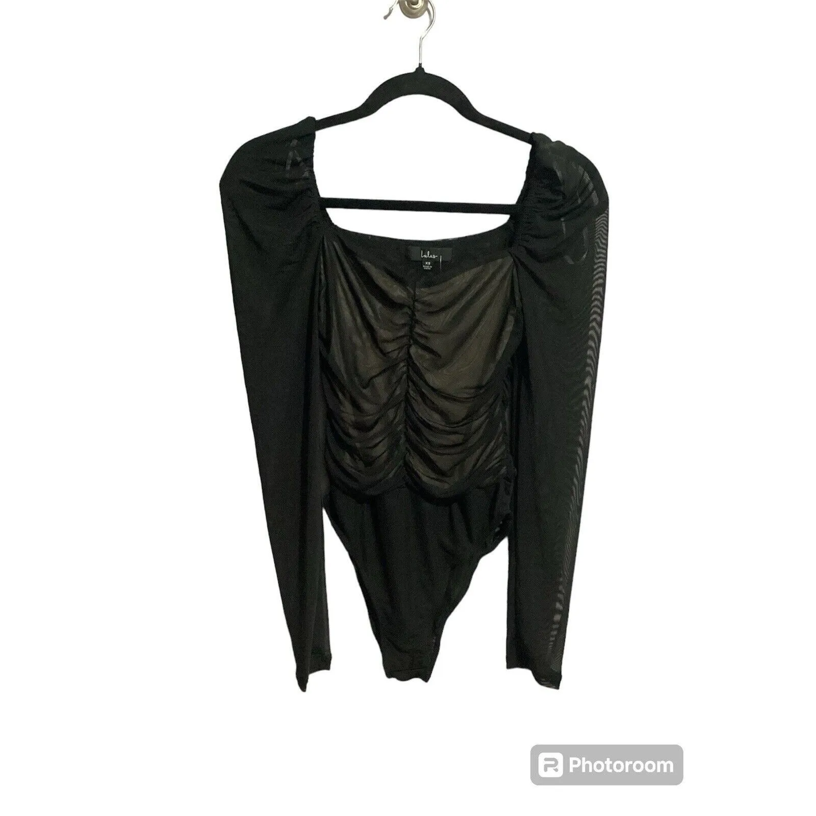 Lulus Flirty Night Out Black Ruched Mesh Bodysuit XS - Image 2
