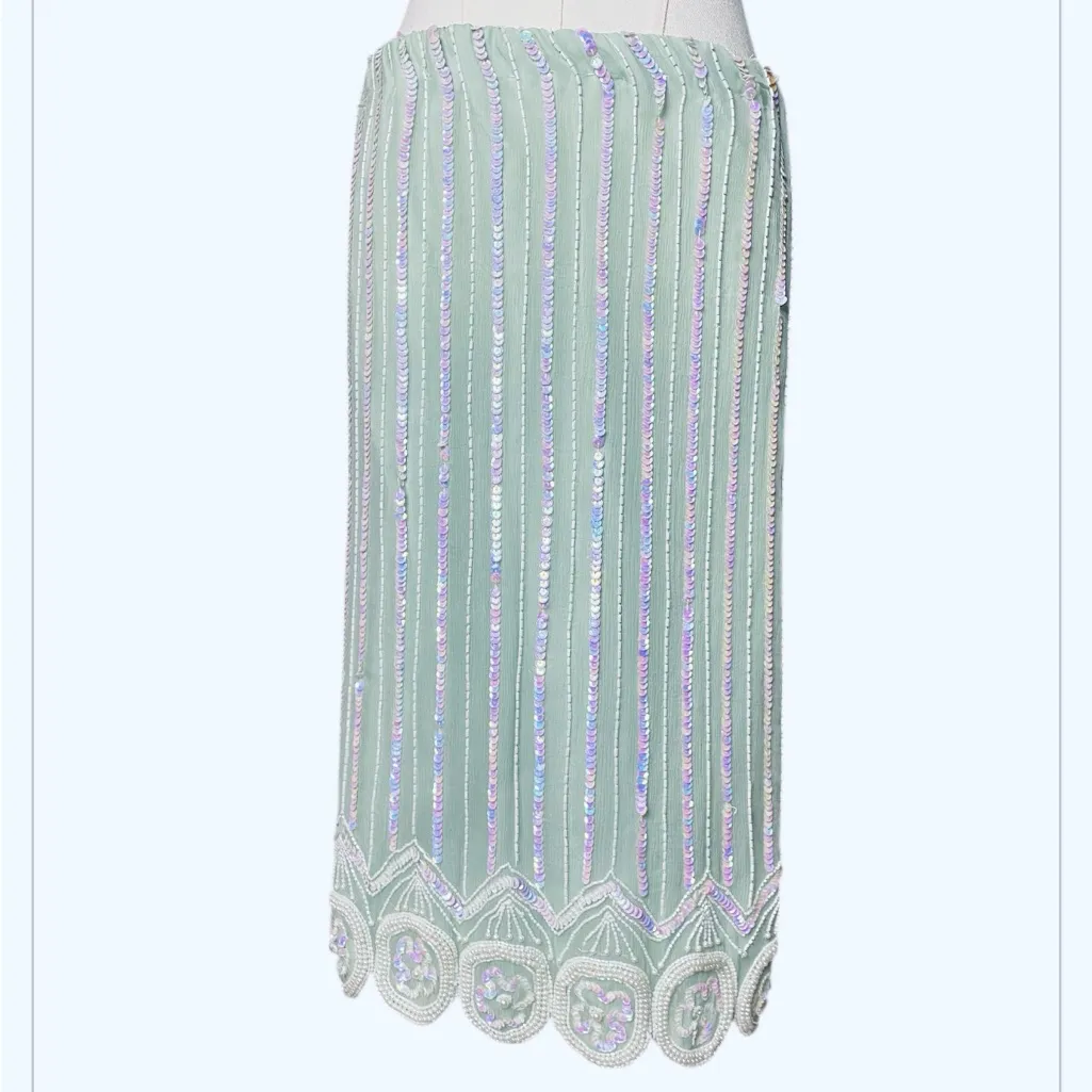 VINTAGE Jewel Queen 100% Silk
Beaded Sequin Midi Skirt Sage
Green Size 6 Green - Image 3