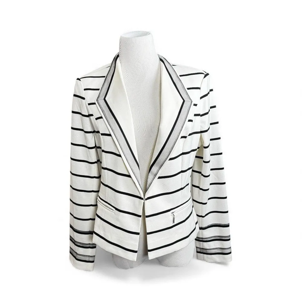 Striped Blazer Mesh Trim Zipper Pockets 14 Chic Business Elevated Career Classic - Image 2