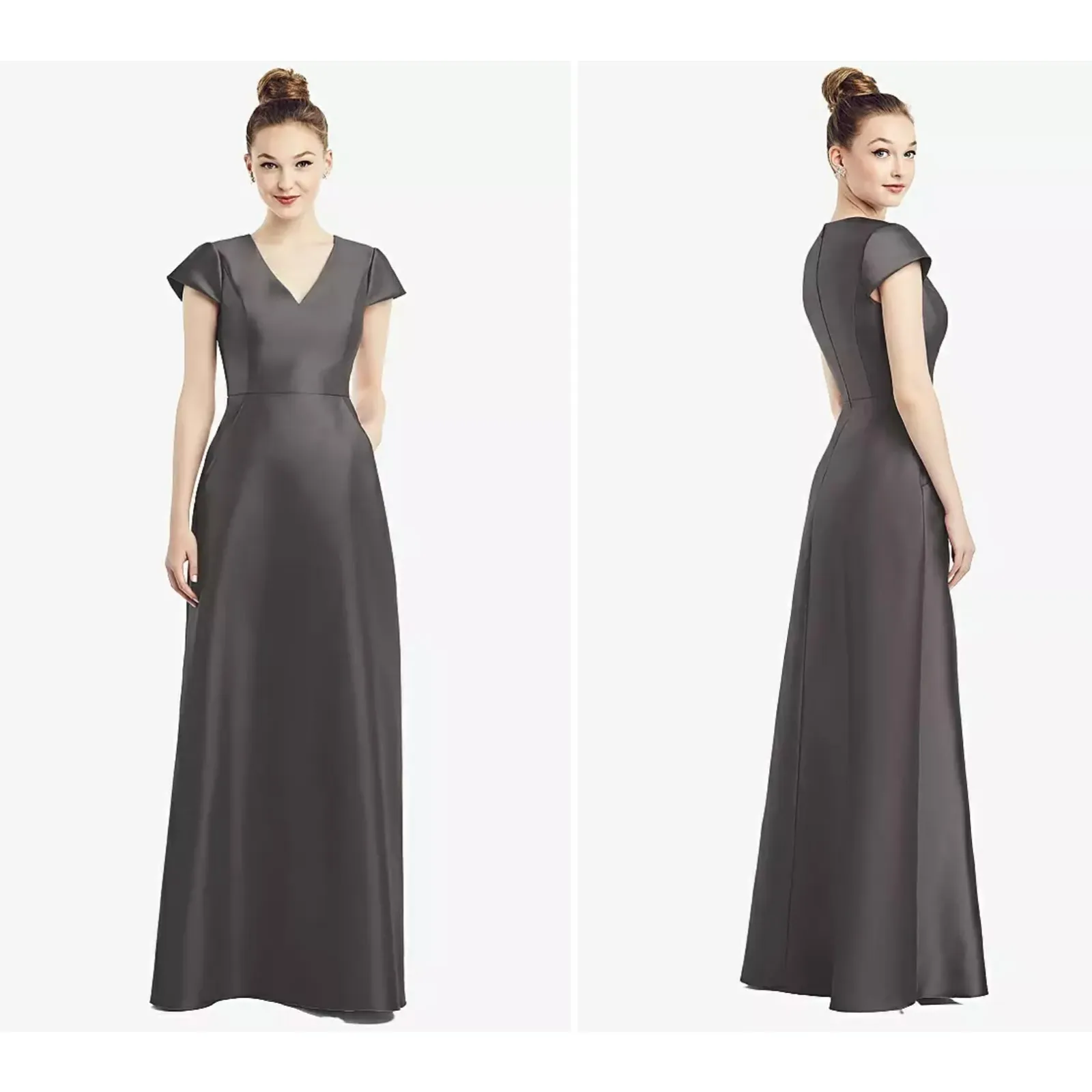 ALFRED SUNG D779 V-NECK SATIN CAP SLEEVE POCKETS CAVIER GRAY GOWN SIZE 10 NEW - Image 2