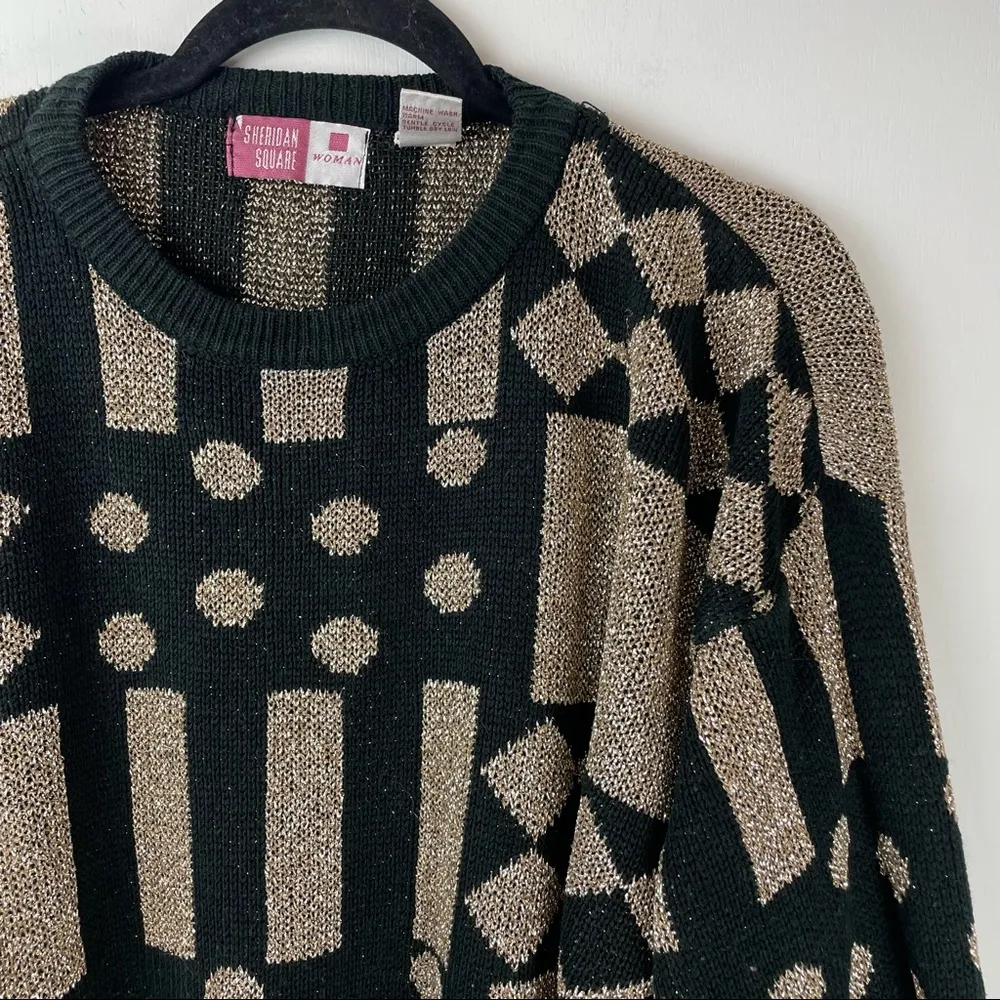 Vtg Gold Metallic Sweater Sz XL Geometric Polka Dot Print Black - Image 3