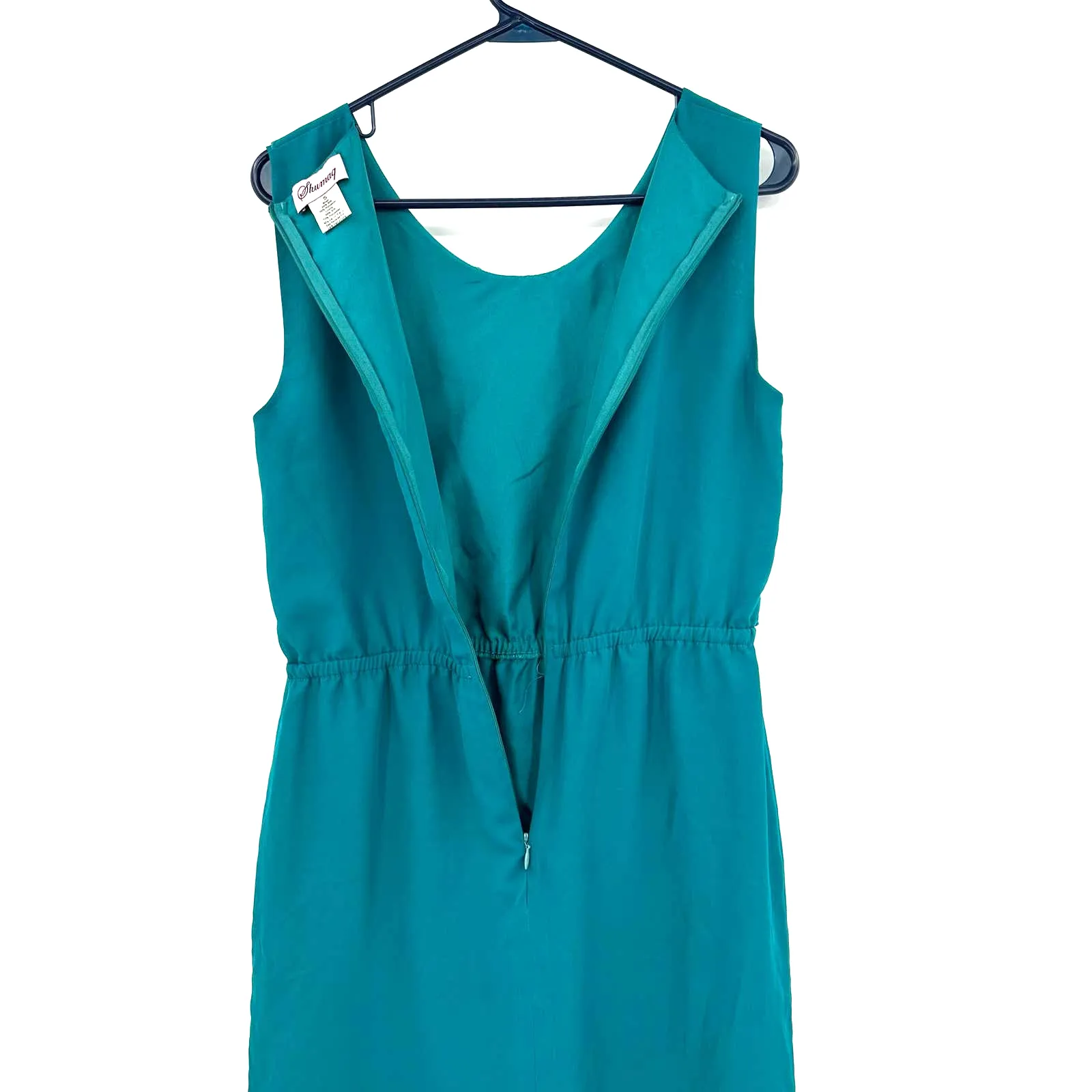 Shumaq size Small sleeveless dress teal silk‎ blend ruffle fitted waist rear zip Green - Image 4