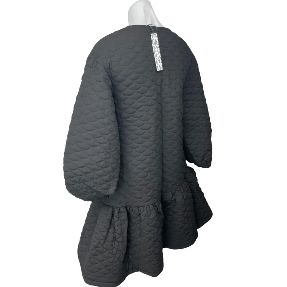 NEW ASOS Black Quilted Plunge Neck Balloon Sleeve Tiered Ruffle Hem Dress Size 2 - Image 2