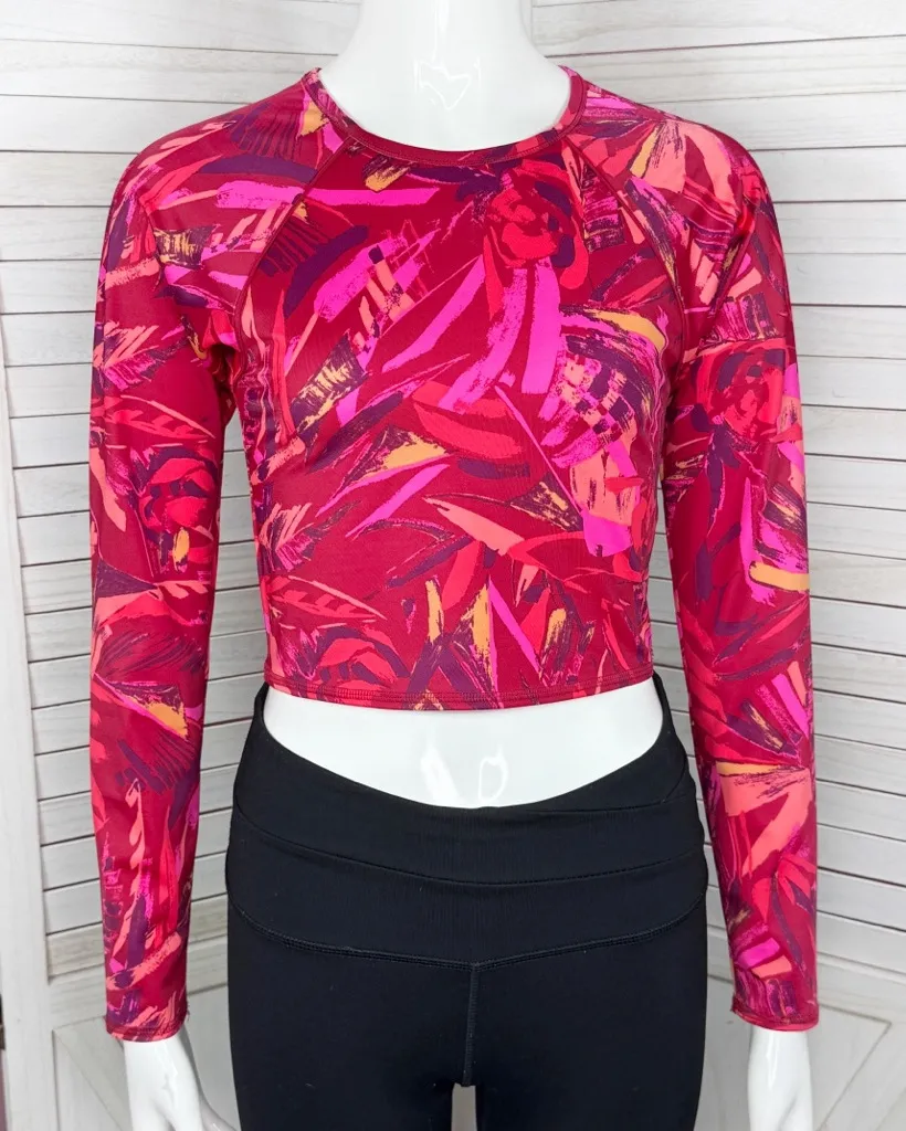 All In Motion Printed Rash Guard Cropped Swim Shirt Red Pink Multi Medium - Image 1