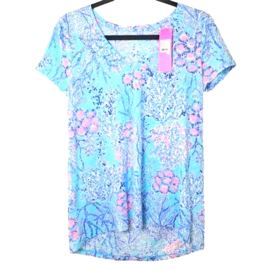 Lilly Pulitzer Etta V-Neck Blue Ibiza Now You Sea Me‎ 100% Cotton Short Sleeve - Image 8