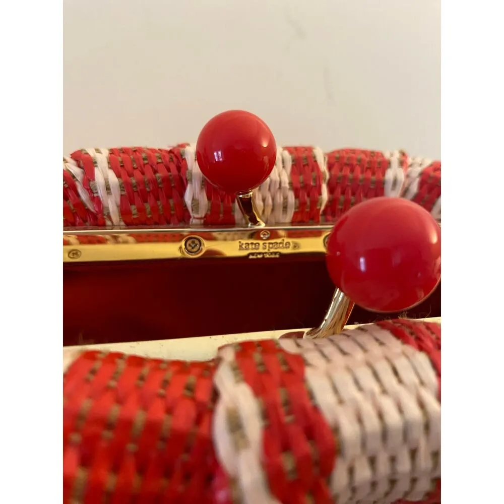 Kate Spade New Scrunchy Convertible Clutch Red Tan Wicker Rattan Striped Summer - Image 4