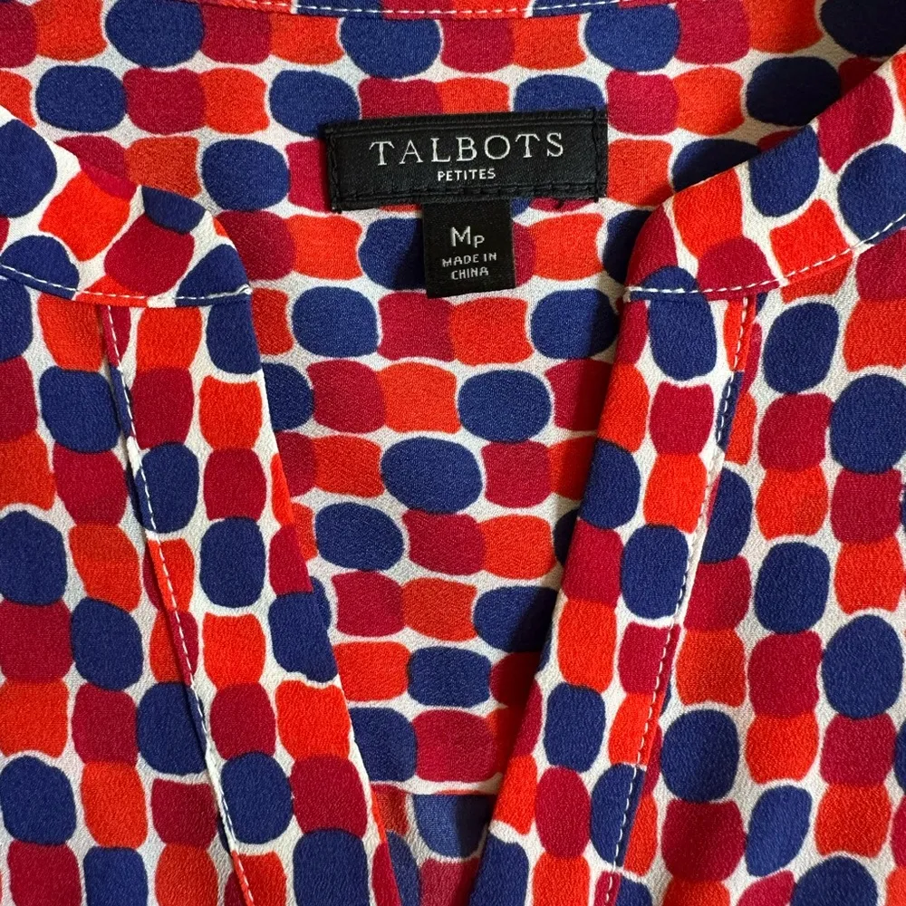 Talbots Petite Size Medium MP Boxy Popover Blouse Red Blue Geometric Print - Image 6