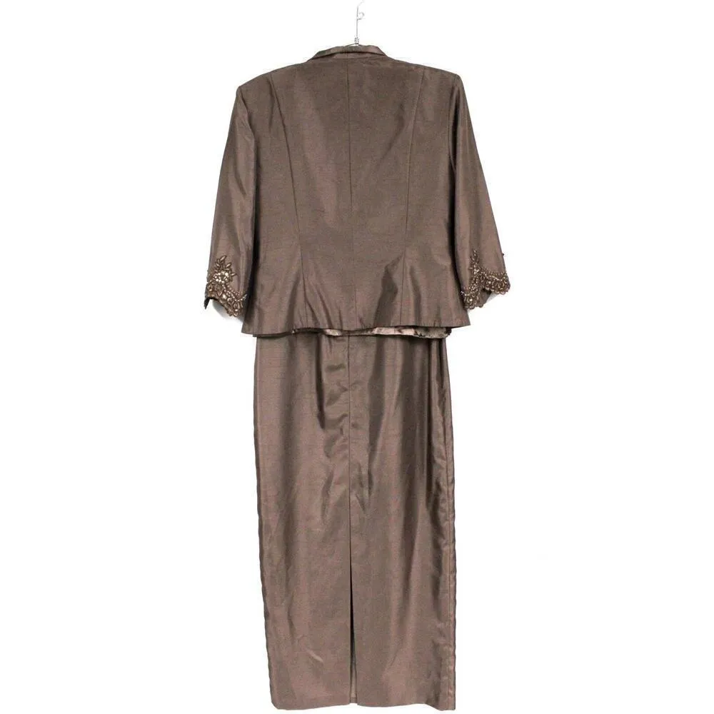 VTG CACHET 2 PC. DRESS WITH JACKET SZ 10 MOB Maxi Embroidered Sequin Bronze NWOT Brown - Image 9