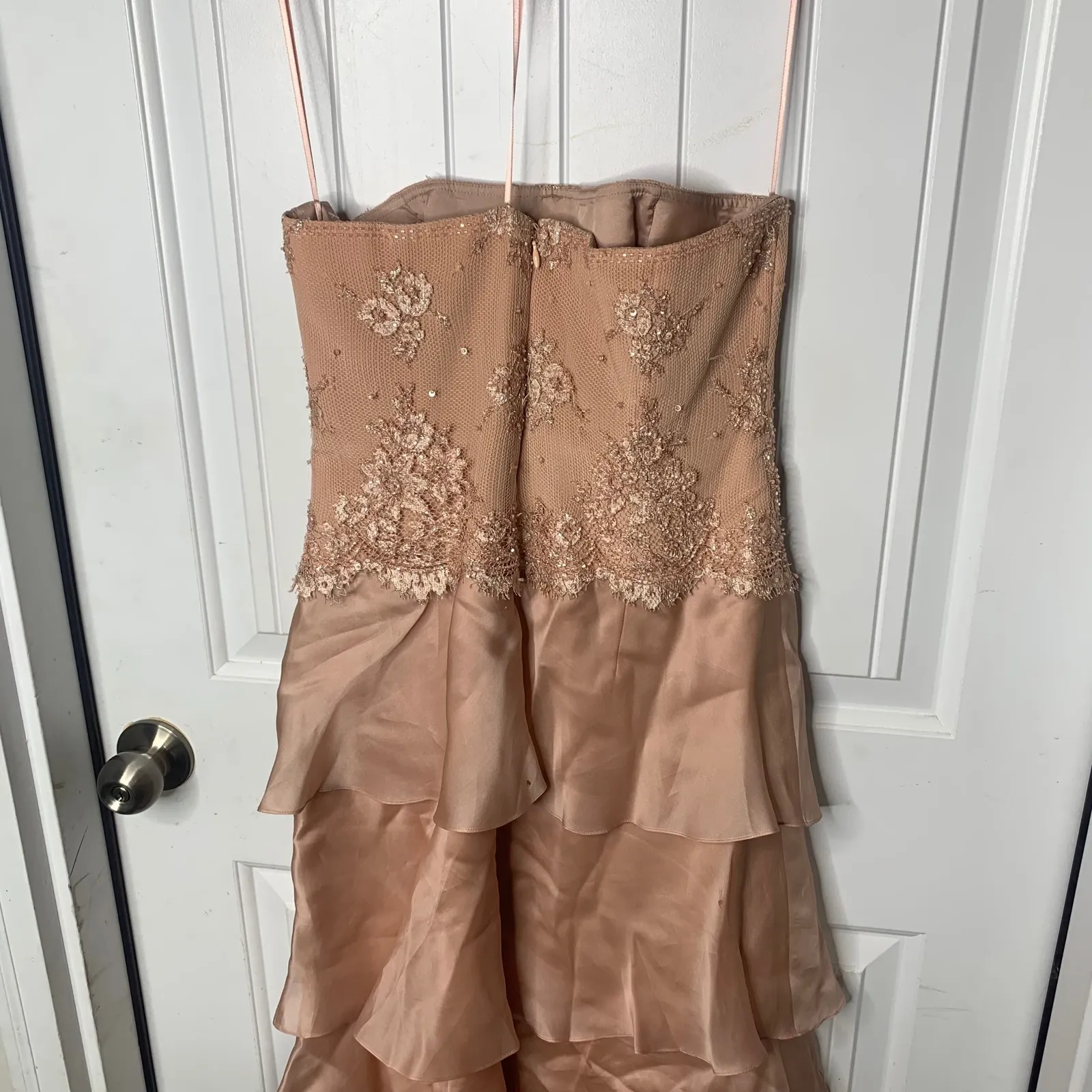 Teri Jon floral lace strapless ruffle tiered maxi gown size 4 prom wedding guest Brown - Image 6