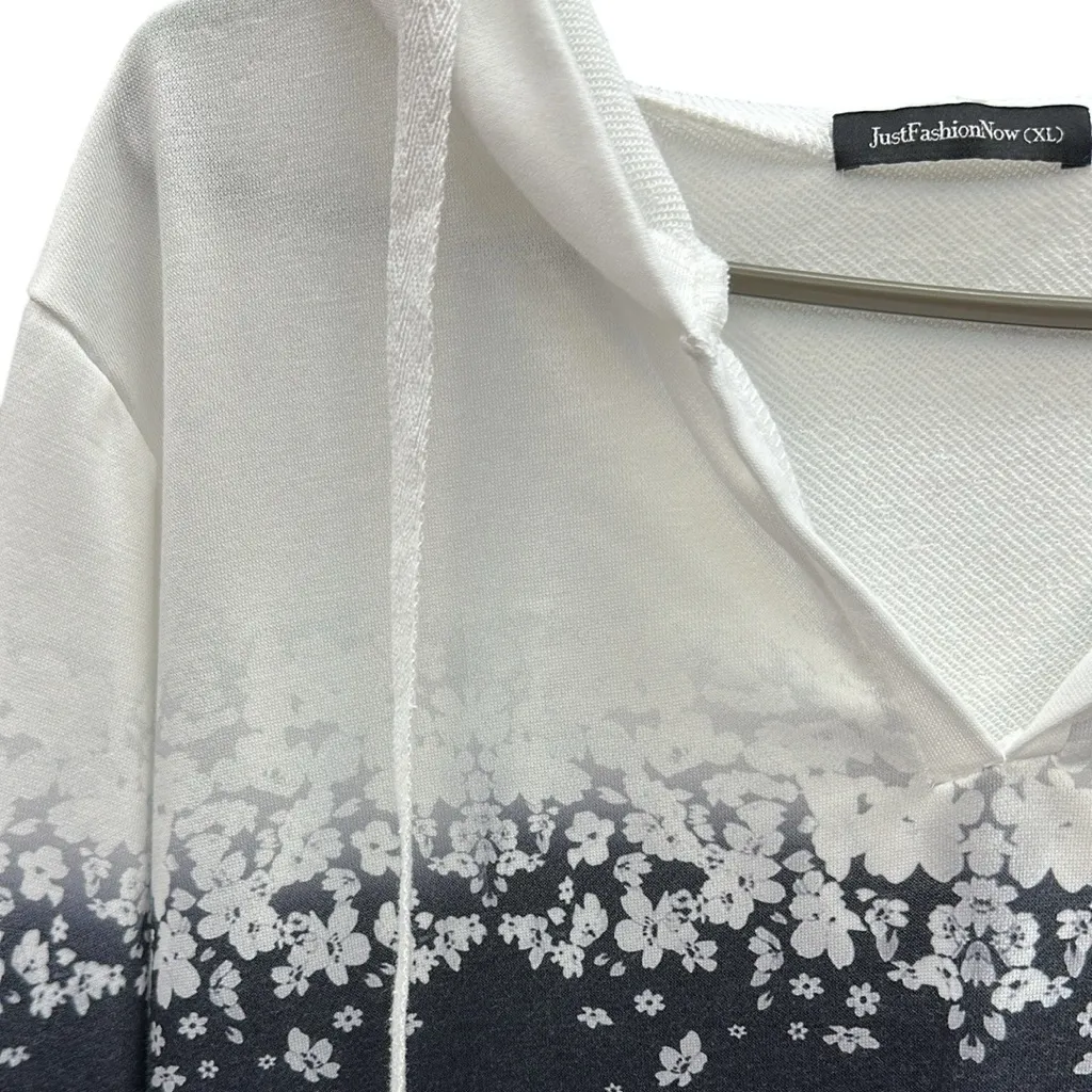 JustFashionNow French Terry Floral Ombre Print Hooded Lightweight Sweatshirt XL White - Image 9