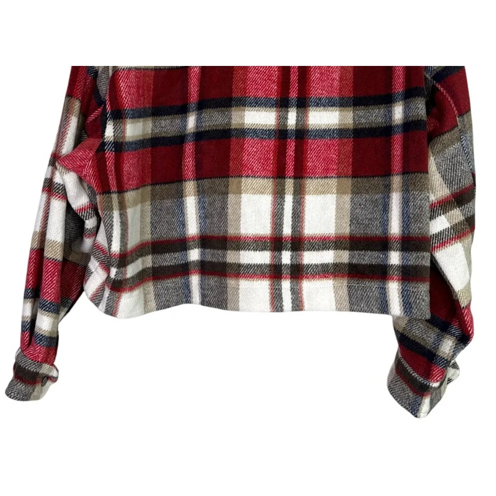 ZARA Cropped Oversized Plaid Shacket Jacket Button Down Pockets XS Red White - Image 6