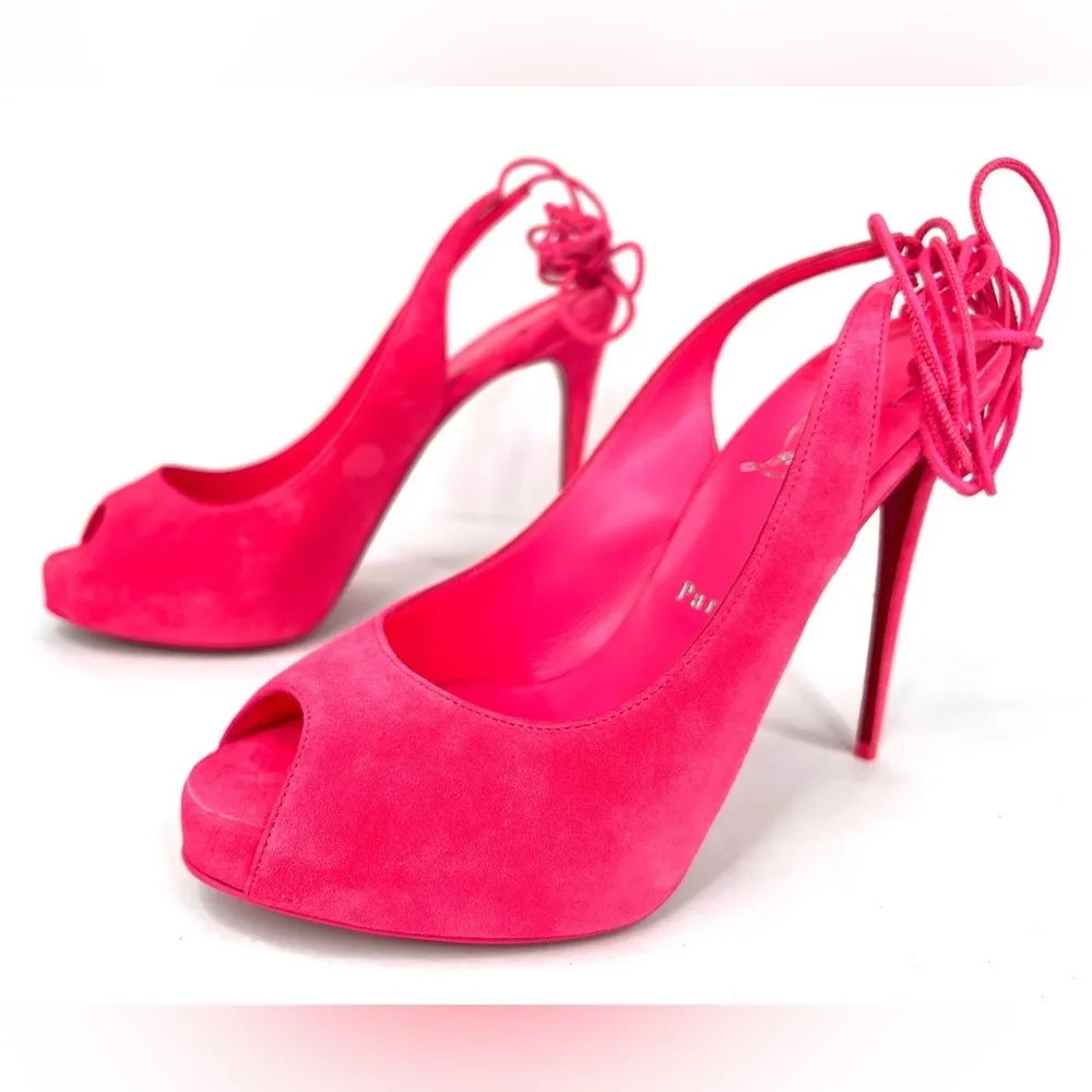 CHRISTIAN LOUBOUTIN Lace Up NVP Pink Suede Peep Toe Wraparound Pumps Siz… - Image 3