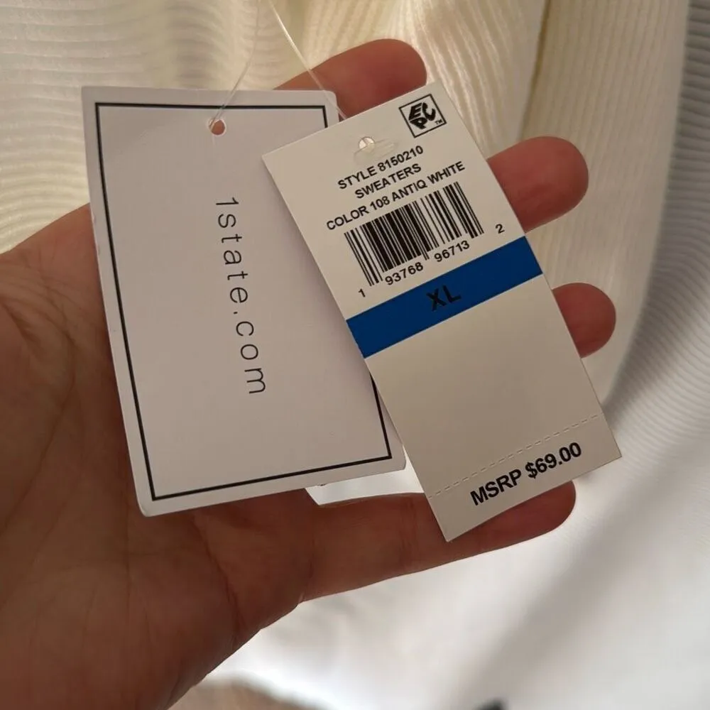 1. STATE | Ivory Cream V Neck Bubble Balloon Sleeve Ribbed Sweater | Size Large - Image 2