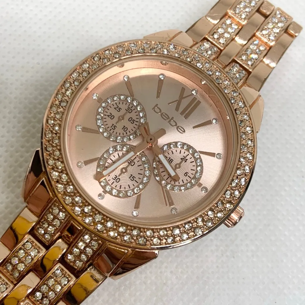 Bebe rose gold tone women’s watch 35mm quartz analog rhinestones running - Image 2