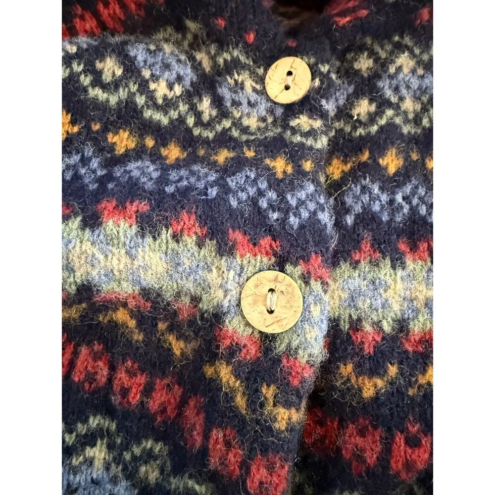 Vintage Skyr Fair Isle Button Front Cardigan Sweater Lambswool Stripe Collar PM Blue Size undefined - Image 2