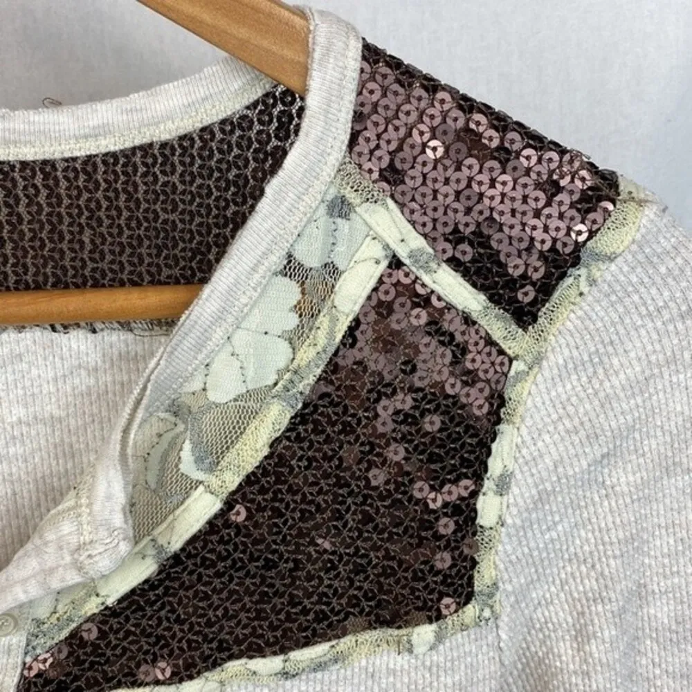 Free People Ivory Henley Long Sleeve Sequins Neck Waffle Weave Tee Shirt S - Image 3