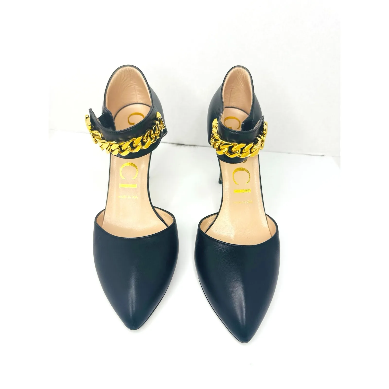 Gucci Black Malaga Kid Leather Sylvie Chain Pumps EU 38.5 Classic High Heel - Image 11