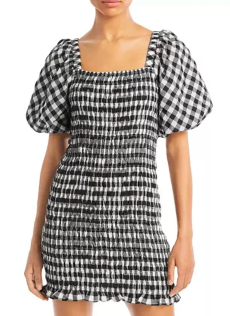 Endless Rose XS Black White Gingham Smocked Puff Sleeve Mini Dress Cotton Boho! - Image 1