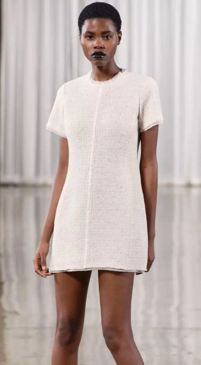 NWT❗️ZARA Elegant White Tweed Short Cutted Dress ZW Collection Mini Ivory Size M - Image 12