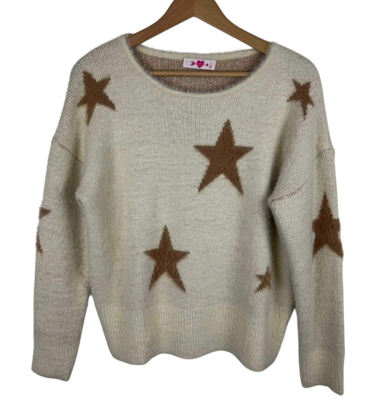 Buddy Love Womens Star Print Eyelash Knit Sweater Sz Small Pullover Fuzzy Comfy Brown - Image 1