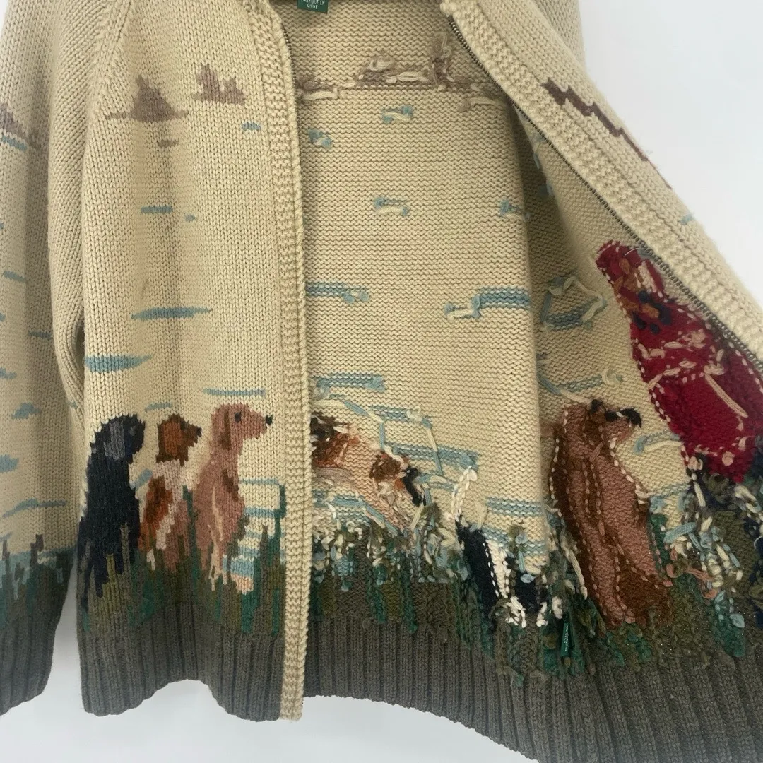 Vintage Lauren Ralph Lauren Hand Knit Landscape Wool Cardigan sz M Fisherman Dog - Image 6