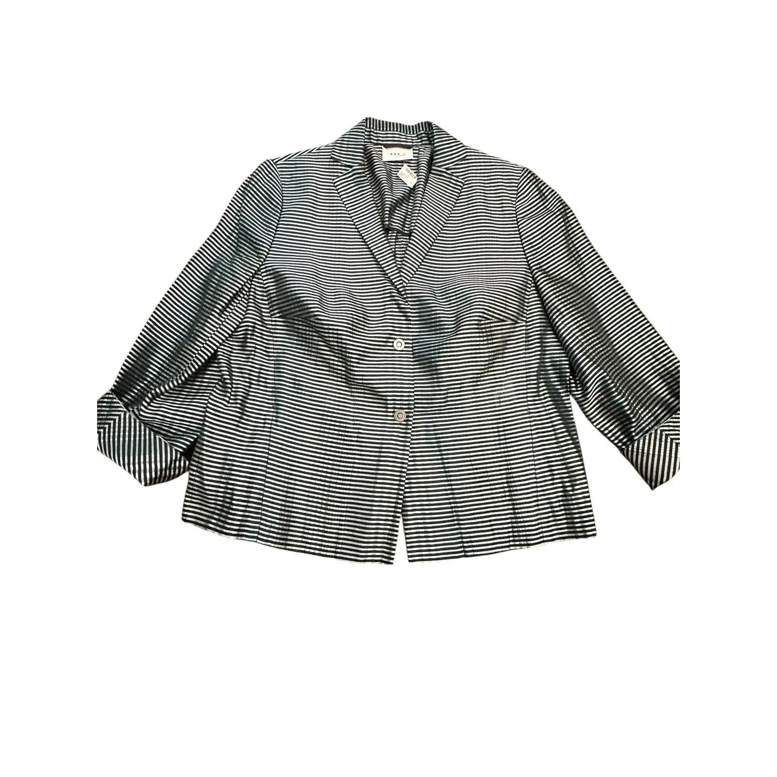 Akris Punto Luxury Blazer Sz 14 Silk Silver Blue Stripe 3/4 Sleeve Jacket #C11-8 - Image 10