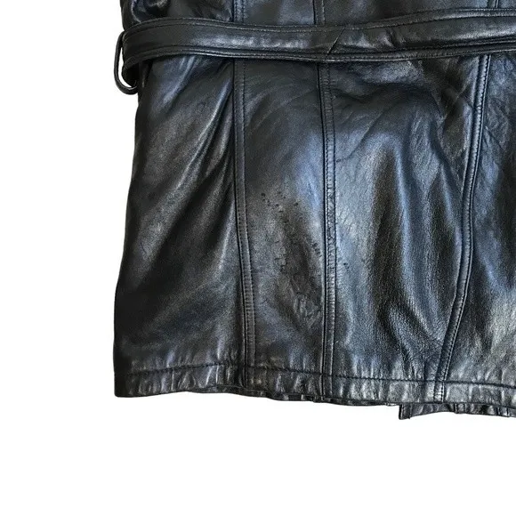 VTG 90s Y2K Oversized Belted Zip Front Black Leather Biker Bomber Jacket Coat - Image 9