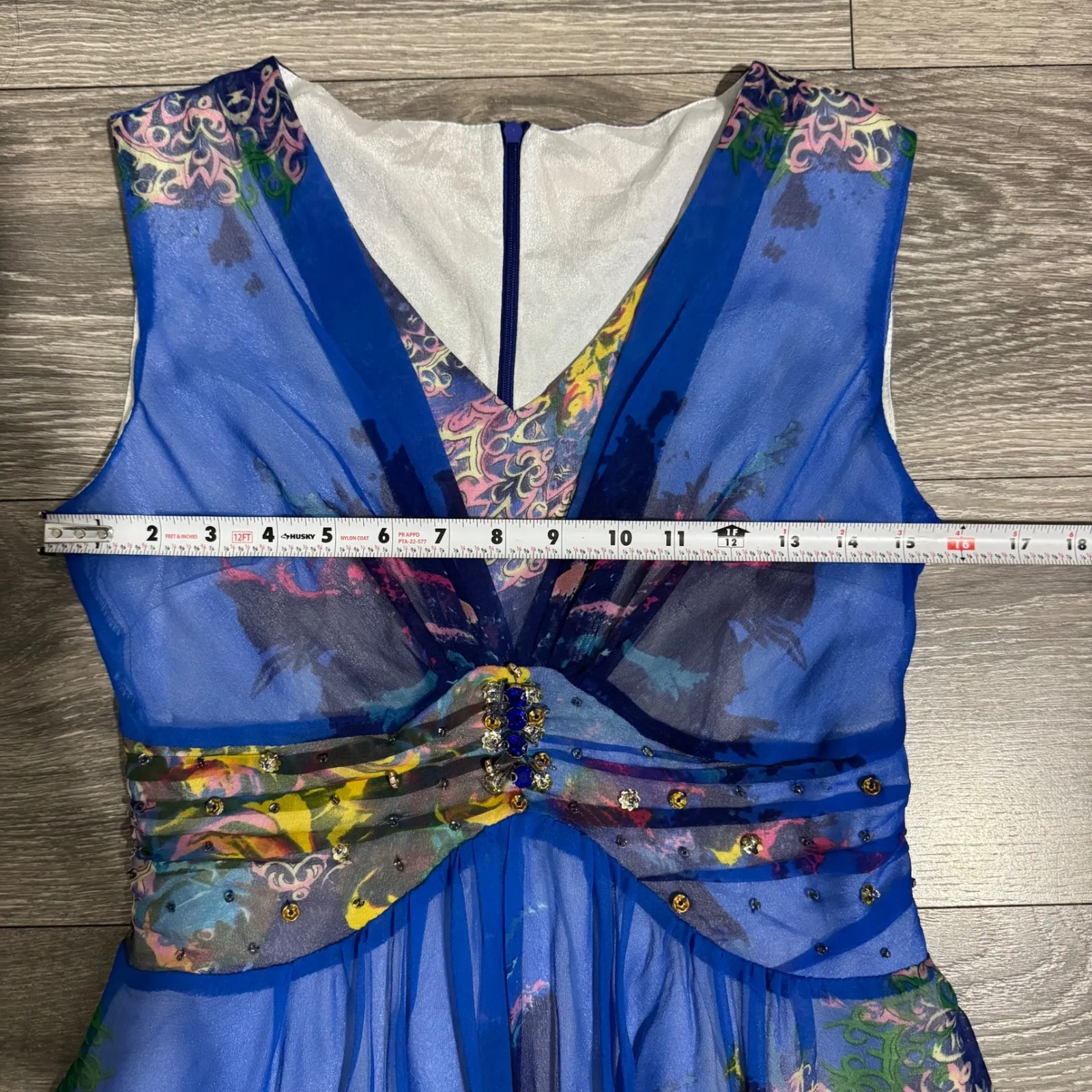 Vintage PRINCESS Maxi Dress Blue Floral Rhinestone Embellished Bohemian Flowy S - Image 11