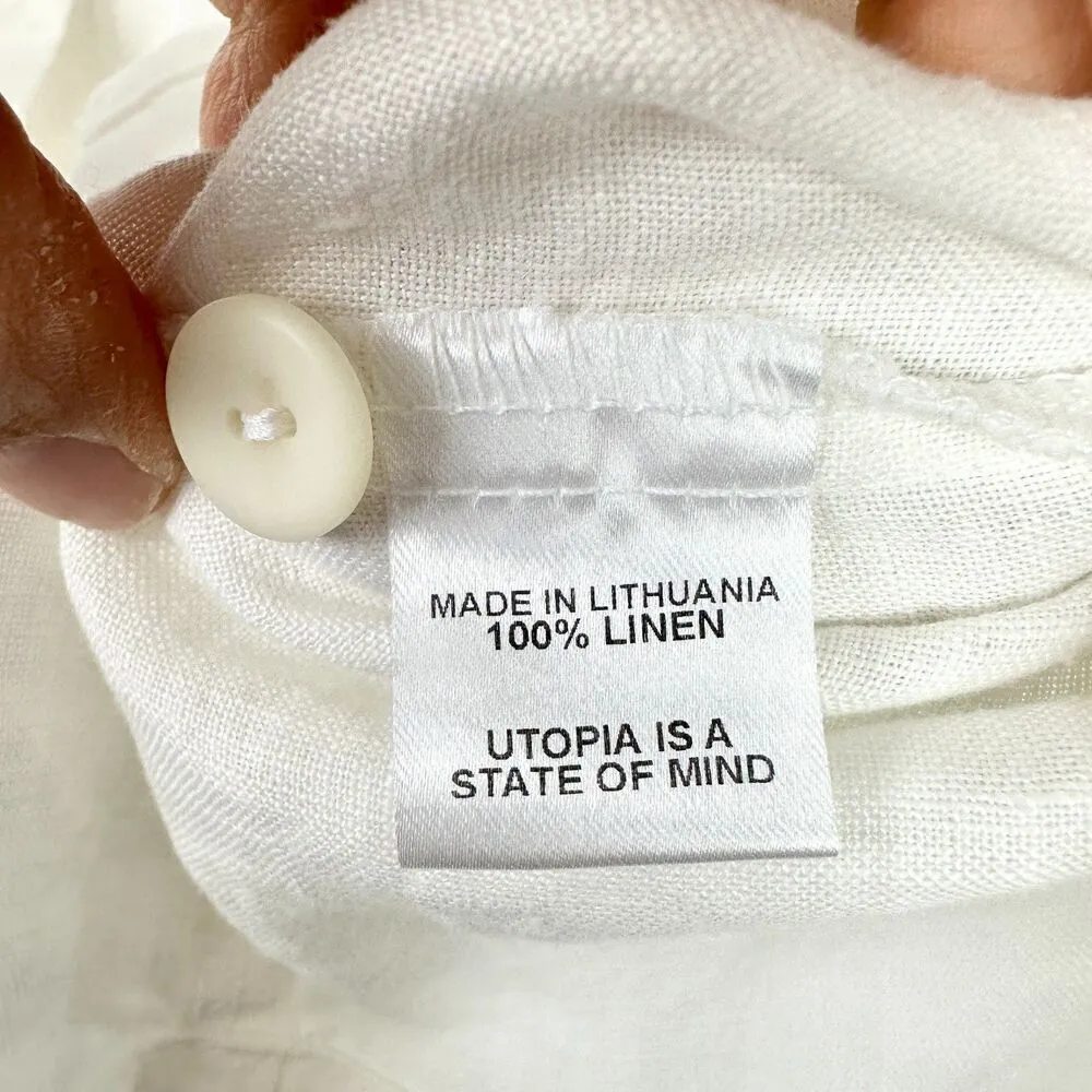 Flax  Linen Button Front Long Sleeve Tunic Size Large White Lagenlook Roll Tab - Image 5