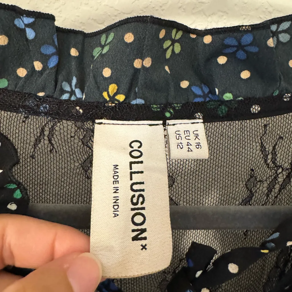 Collusion Floral Long Sleeve Black Dress with Ruffle Details Lace Back Size 12 Blue - Image 5