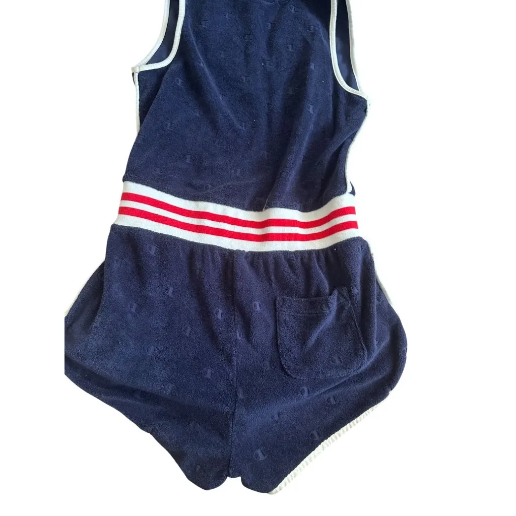 CHAMPION Women's Navy Blue Terry Hooded Romper Size Small - Image 3