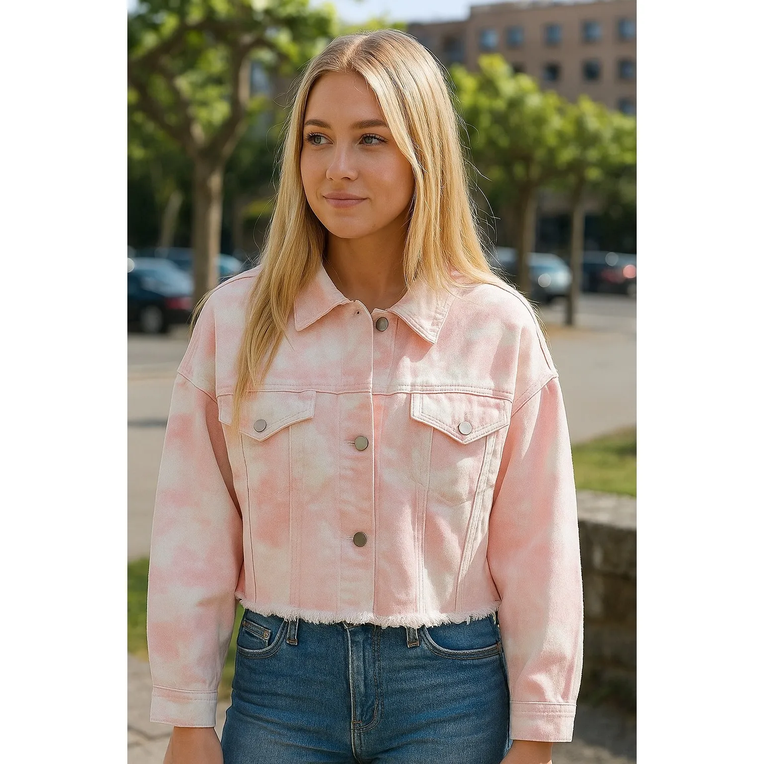 Elodie Tie Dye Print Raw Hem Cropped Button Front Trendy Jacket Pink Size Large - Image 12