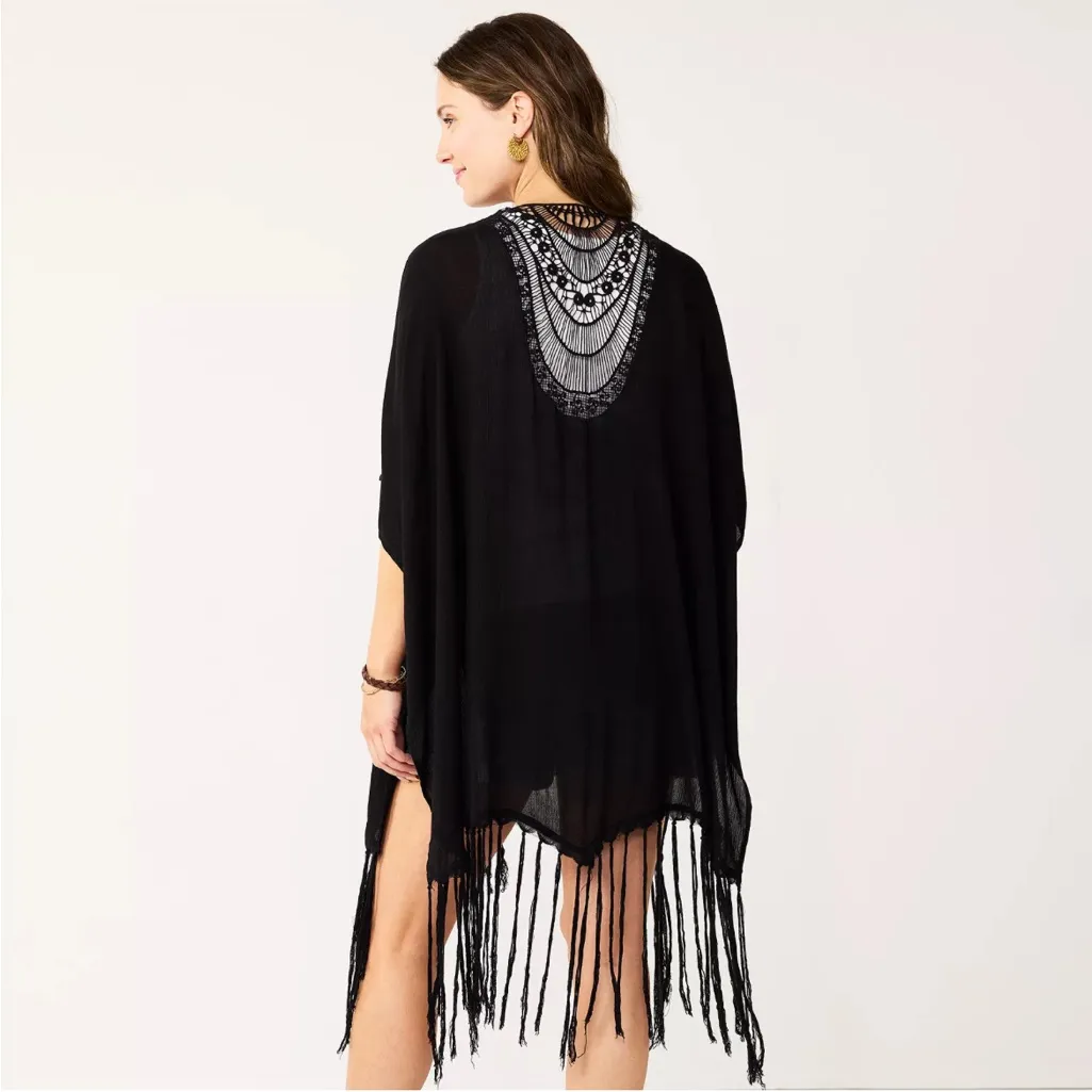 Sonoma Crochet Back Fringe Ruana Cover Up Black OS - Image 2